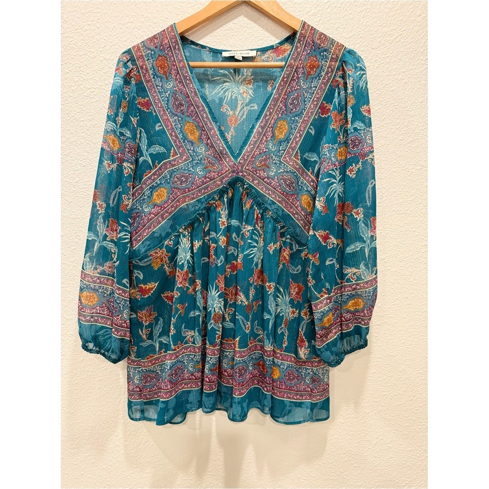 Rose & Olive Teal Floral Sheer Peasant Boho Fairycore blouse